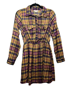 Love Fire Sheer Plaid Shirt Dress Long Sleeve Button Front Casual Size‎ Small thumbnail 1