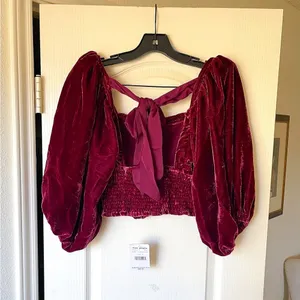 Free People Marie Velvet Open Back Crop Top‎ Balloon Sleeves Red Small NWT thumbnail 8