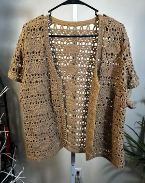 N73. Open-Front Crochet Knit Sweater Cardigan - Tan- 100% Cotton thumbnail 1