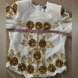 Vintage Silk Beaded Sequin Floral Top White Gold 80s Glam Party Blouse thumbnail 6