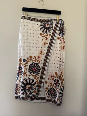 FARM Rio White Wrap Midi Skirt with Navy & Mustard Print thumbnail 2