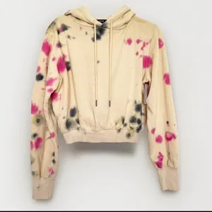 NEW AFRM Cropped Hoodie Sweatshirt SMALL Beige Tan Pink Tie Dye Drawstring NWT thumbnail 2