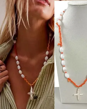 Free People Ariana Ost Easy Does It Pearl Cross Strand Necklace Bohemian Beach thumbnail 1