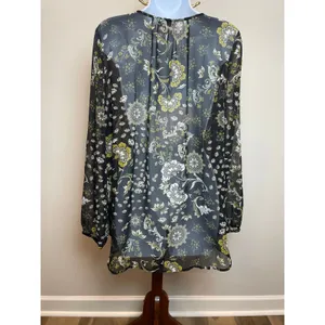 LOFT Outlet Blouse Size M Black Olive Paisley Floral Sheer V Neck Long Sleeve thumbnail 3