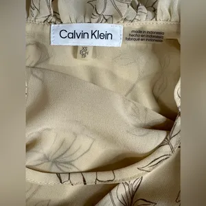 Calvin Klein Long Sleeve Ruffled Sheer Floral V-neck Tan Blouse‎ Pre-owned XS thumbnail 6