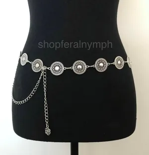 Vintage Y2K Boho Silver Mandala Circle Chain Belt, Fits 26.5–46 Inches, X7GA1166 thumbnail 1