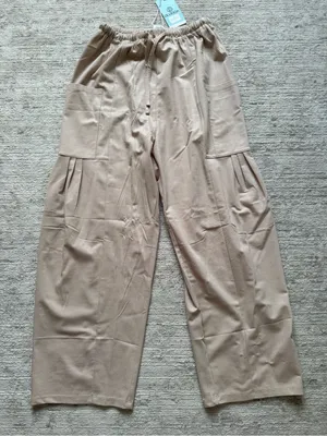 High-Rise Beige Wide-Leg Drawstring Pants (Size XS) thumbnail 3