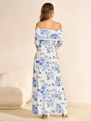 Off the Shoulder Blue Flower Dress Size L thumbnail 2