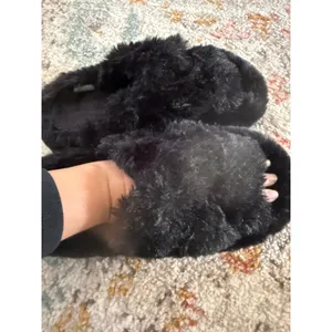 Coface Womens Black Faux‎ Fur Cross Band Slippers Open Toe House Shoes US 7 thumbnail 4