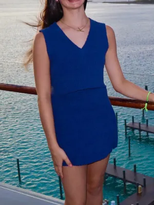 Day + Moon Navy Knit Two-Piece Boutique Crop Top & Mini Skirt Set thumbnail 2
