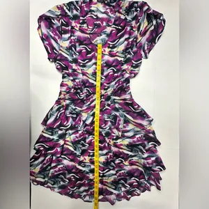 VERTIGO Dress Women’s Size Medium Blouson Flare Tiered Cinched‎ Purple Blue Work thumbnail 4