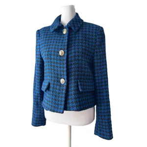 Zara Royal Blue & Black Houndstooth Collared Cropped Jacket w/ Gold Buttons thumbnail 3