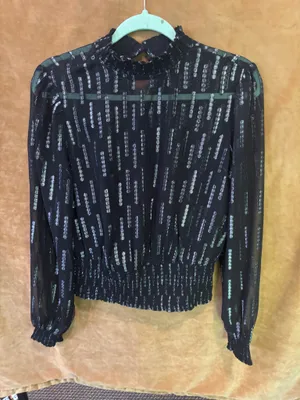 Express black and silver metallic smocked waist top. thumbnail 3