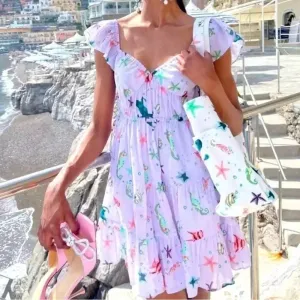 Hill House Lucia mini dress sea creatures lilac lavender coastal print ruffles thumbnail 1