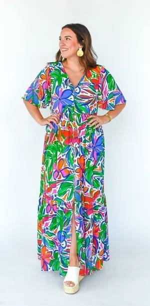 Sugarlips colorful maxi dress Paradise Falls Button Down Flutter sleeve tropical thumbnail 1