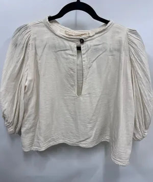 Free People Women's Cream gathered Puff-Sleeve Button Neck Top neckline thumbnail 1
