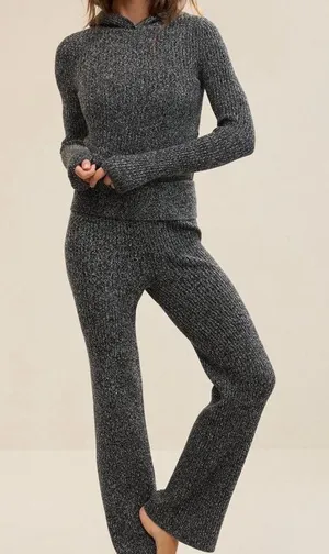 Aerie ribbed Late Night fold over flared knit pants in marled gray thumbnail 1