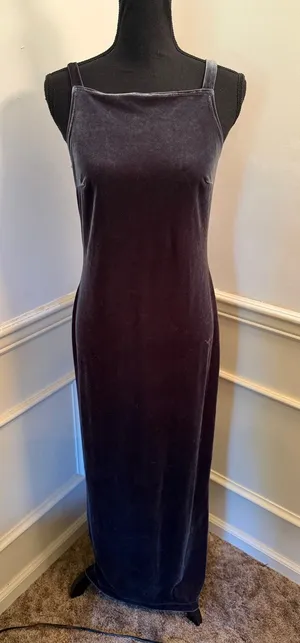 Vintage 90s Michelle Grey Velvet Maxi Dress Square Neck Column Gown Grunge Chic thumbnail 1