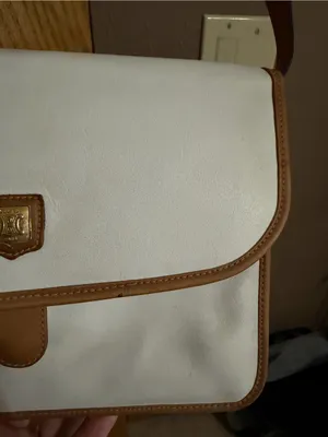 Celine crossbody bag White Leather Tote with Brown Trim and Gold Plaque thumbnail 3