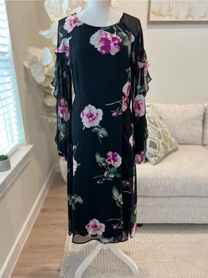 Lulus Once And Flor All Black Floral Print Long Sleeve Woman’s Midi Dress size L thumbnail 2