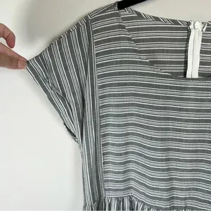 Altar'd State Striped Mini Dress Gray Zip Cotton Pleats Baby Doll Coastal Medium thumbnail 4