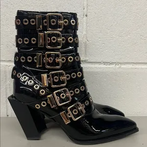 Jeffrey Campbell sz6.5 black buckle gothic heeled boot Ignatius pointed toe edgy thumbnail 1