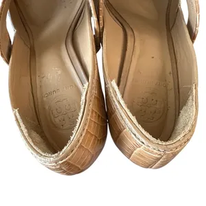 Tory Burch Georgina Linen Platform Heels Croc Leather Peep Toe‎ Sz 9 thumbnail 5