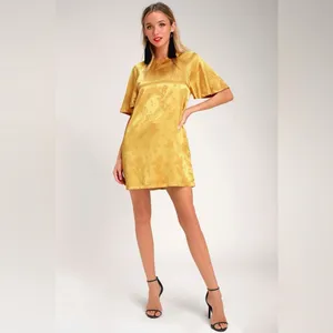 Lulus Blossom Golden Yellow Floral Jacquard Shift Dress‎ Lightweight Satin Sz S thumbnail 12