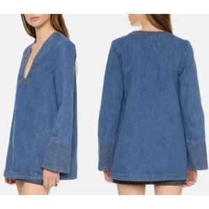 Free People Dreaming Of Denim Hendrix Tunic Oversized Women’s Sz S Denim Blue thumbnail 4