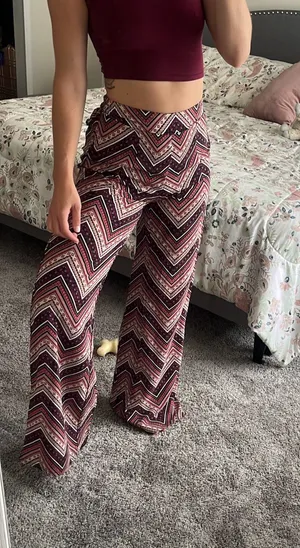 Women's High-Waist Wide-Leg Chevron Pants - Burgundy Pattern thumbnail 1