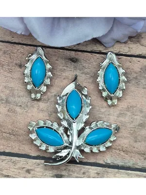 Vintage Faux Turquoise Brooch Clip On Earrings Demi Parure Silver Tone thumbnail 2