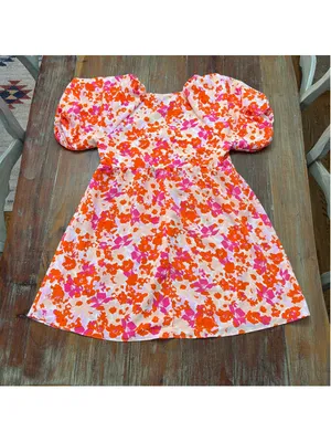 LUCY PARIS Pink & Orange Floral Puff Sleeve Toulouse Tie Babydoll Mini Dress S thumbnail 12