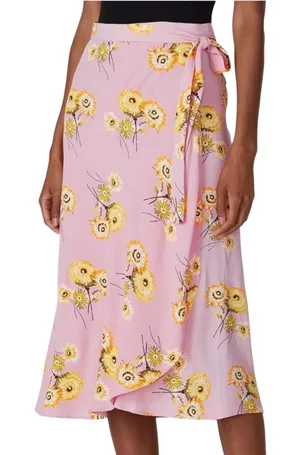 Madewell Pink Wisteria Dove Dutch Dandelion Floral Twiggy Wrap Midi Skirt 12 thumbnail 1