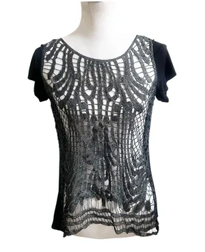Daytrip Whimsygoth Top Y2K Open Knit Metallic Size Medium Black Silver thumbnail 1