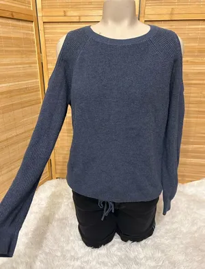 Abercrombie & Fitch blue cold-shoulder knit sweater long sleeve crew neck Large thumbnail 1