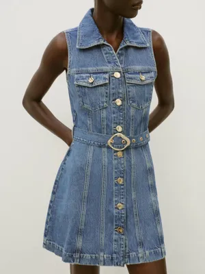 Zara Sleeveless Denim Button-Front Mini Dress in Blue with Belt thumbnail 2