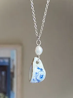 Handmade porcelain tea cup & freshwater pearl unique fun fairy antique style necklace🫖🍃🌀 thumbnail 1