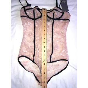 Coquette Pink Lace Bodysuit Contrast Black Piping Teddy Corset Top Y2K Dollette thumbnail 3