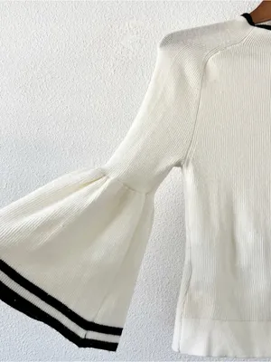 Anthropologie Maeve Modern Ivory Black Bell Sleeve Ribbed Flute Sweater thumbnail 4