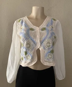 Mexican Crochet Floral Cardigan Women Size S Green Balloon Sleeve Boho NWOT thumbnail 1