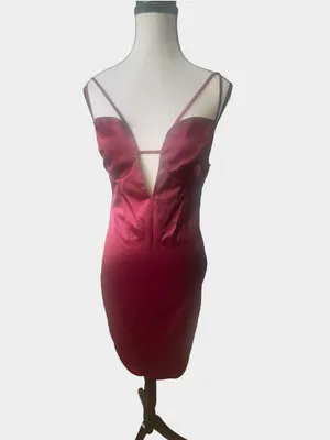 Miss Circle Burgundy Wine Satin Plunge Cutout Bodycon Midi Dress Small thumbnail 2