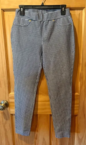 Michael Kors Navy Blue & White Check Pull-on Pants gold details size M women’s thumbnail 1