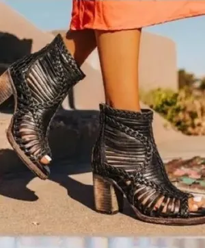 FREEBIRD by Steven Booties Womens Size 7 Brown Woven Open Toe Block Heel thumbnail 1