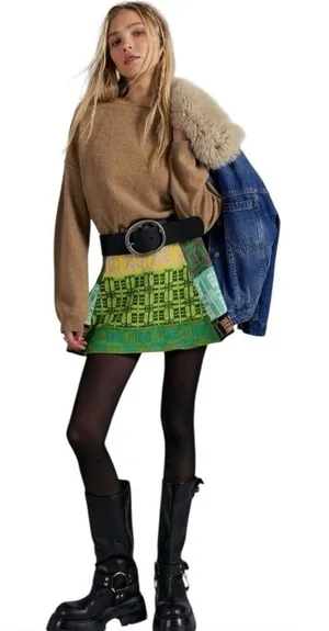 NWT Free People After School Thick Knit Patchwork Mini Skirt Green Combo Small‎ thumbnail 1