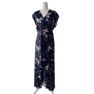 Eliza J Navy Blue Floral Print Cap Sleeve V-Neck High Low Maxi Dress thumbnail 3