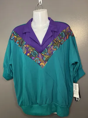 Vintage Season The Ticket Blouse Womens Large Jade Paisley Made USA 80s thumbnail 1