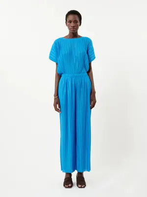 FRNCH Nouma Blue Pleated Wide Leg Pants Size M NWT Parisian Plisse Satin Trouser thumbnail 2