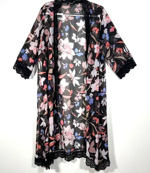 Torrid Floral Kimono Duster Women's 00/0 M/L Black Floral Lace Trim Long Open thumbnail 1