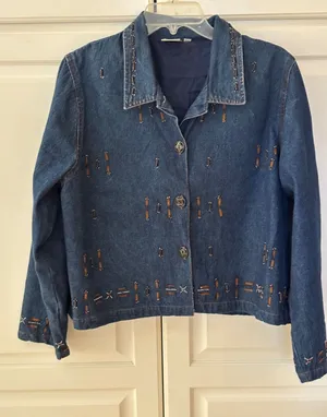 Parsley & Sage Women Large Denim Jacket Beaded Embroidered Boho Art to Wear crop thumbnail 1
