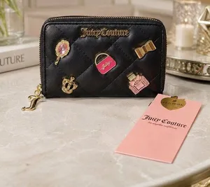 Juicy Couture Black Quilted Zip Wallet Gold Logo Charm Wristlet Y2K thumbnail 1